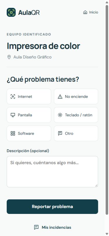 Formulario de aviso de AulaQR desde un móvil